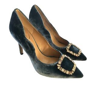 Sam Edelman Harriett Blue Velvet Crystal Embellished Buckle Pumps 7 Retro Glam